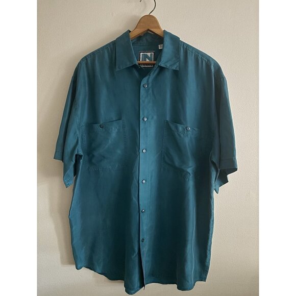 Vintage 100% Silk Turquoise Button Up Shirt Men’s Size Large Thin 90s - Picture 1 of 9